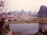 The standard Guilin, Yangshuo landscape in south China. Famous Lijiang river surrounded by unique hills, beautiful scenery, idyllic landscape representative for this area.