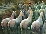 The Terracotta Army in Xi'an, aka Terracotta Warriors and Horses, is a super large collection of life-size terra cotta sculptures in battle formations, reproducing the mega imperial guard troops of Emperor Qin Shi Huang (259 - 210BC), the first emperor of the first unified dynasty of Imperial China.