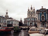 Russia, St. Petersburg. Smolny Cathedral (Orthodox Church). Cathedral facade. 