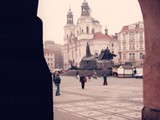 The Jan Hus Memorial stands at one end of Old Town Square, Prague in the Czech Republic. The huge monument depicts victorious Hussite warriors and Protestants who were forced into exile 200 years after